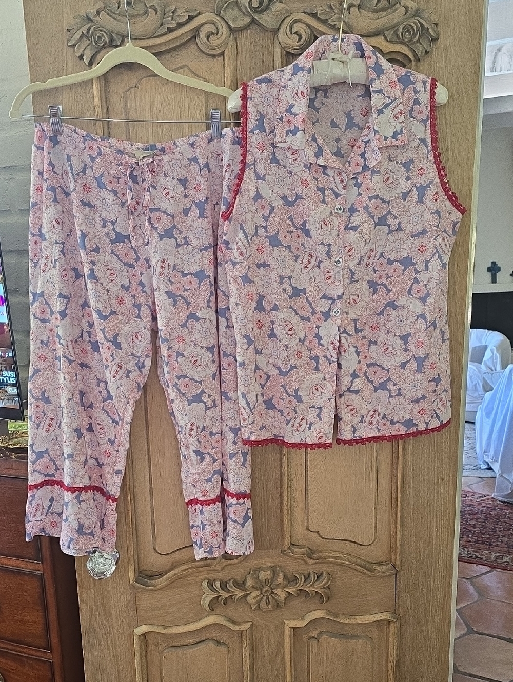 Women's Claire Pettibone Pink Floral Pajama Set with Red Trim